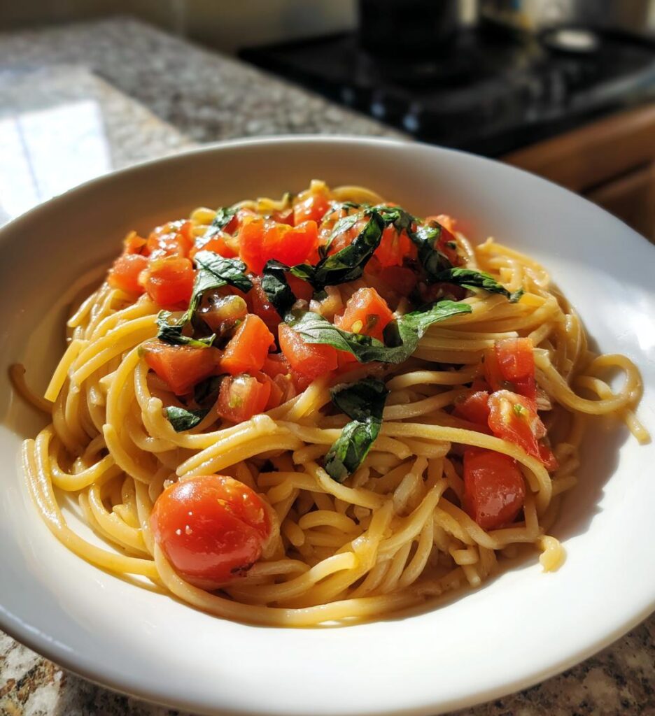 Pasta med tomat og basilikum