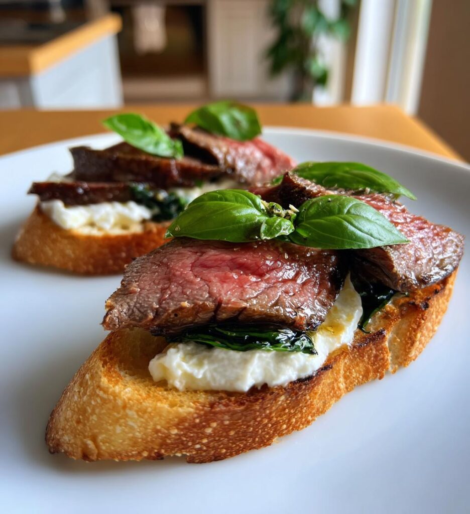 burrata and steak crostini