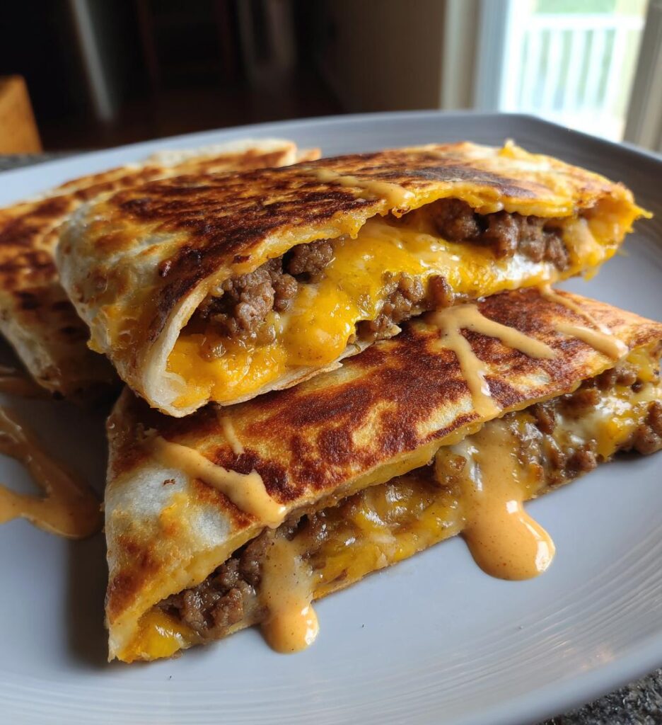 cheeseburger quesadilla with homemade burger sauce