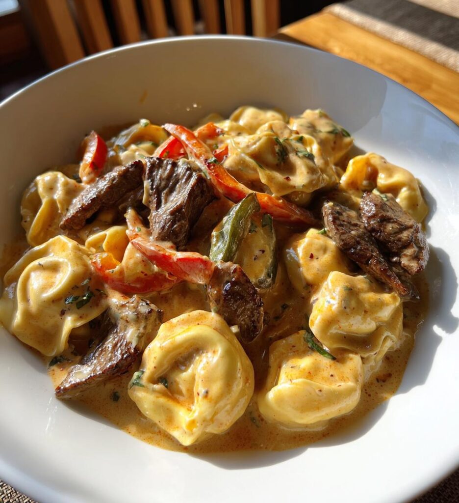 cheesesteak tortellini in creamy provolone sauce