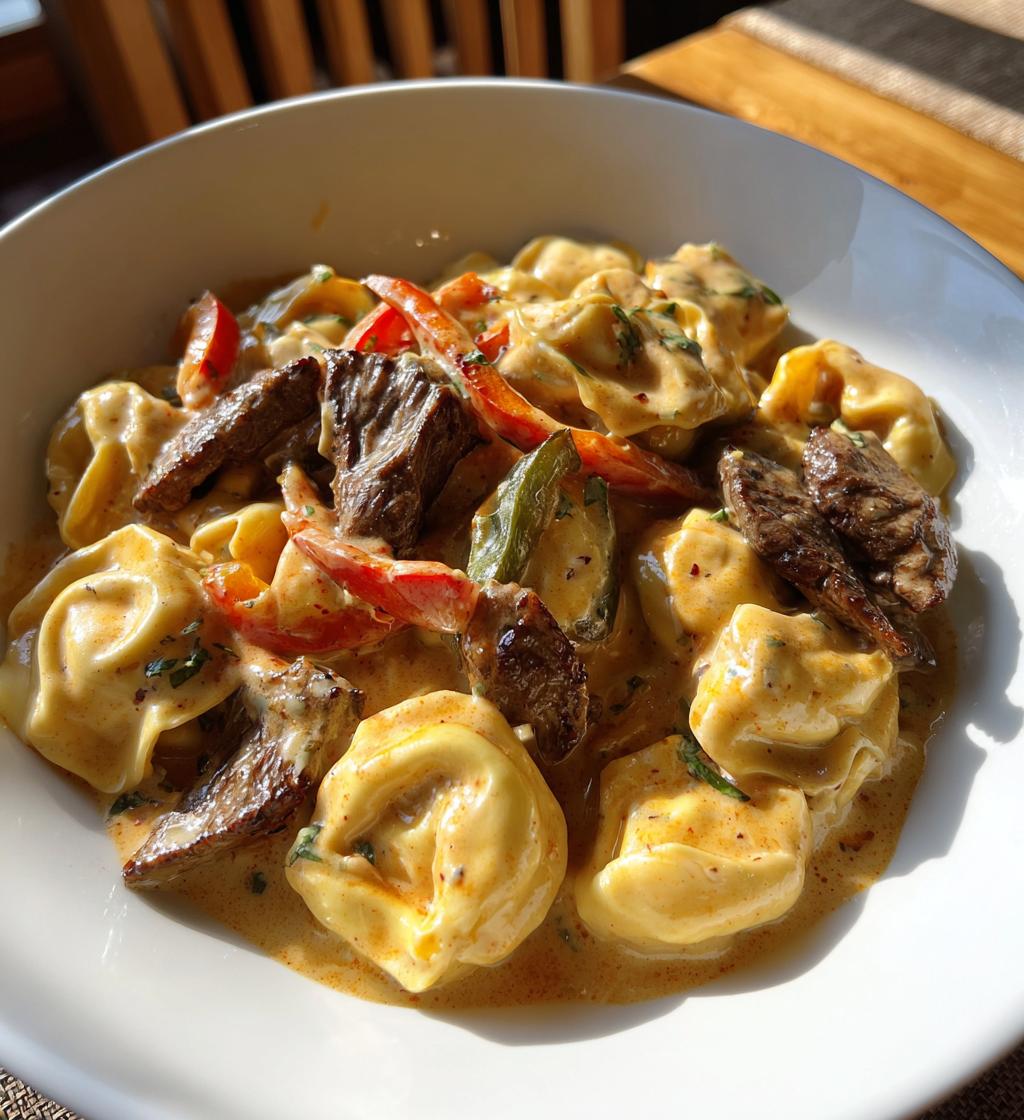 cheesesteak tortellini in creamy provolone sauce
