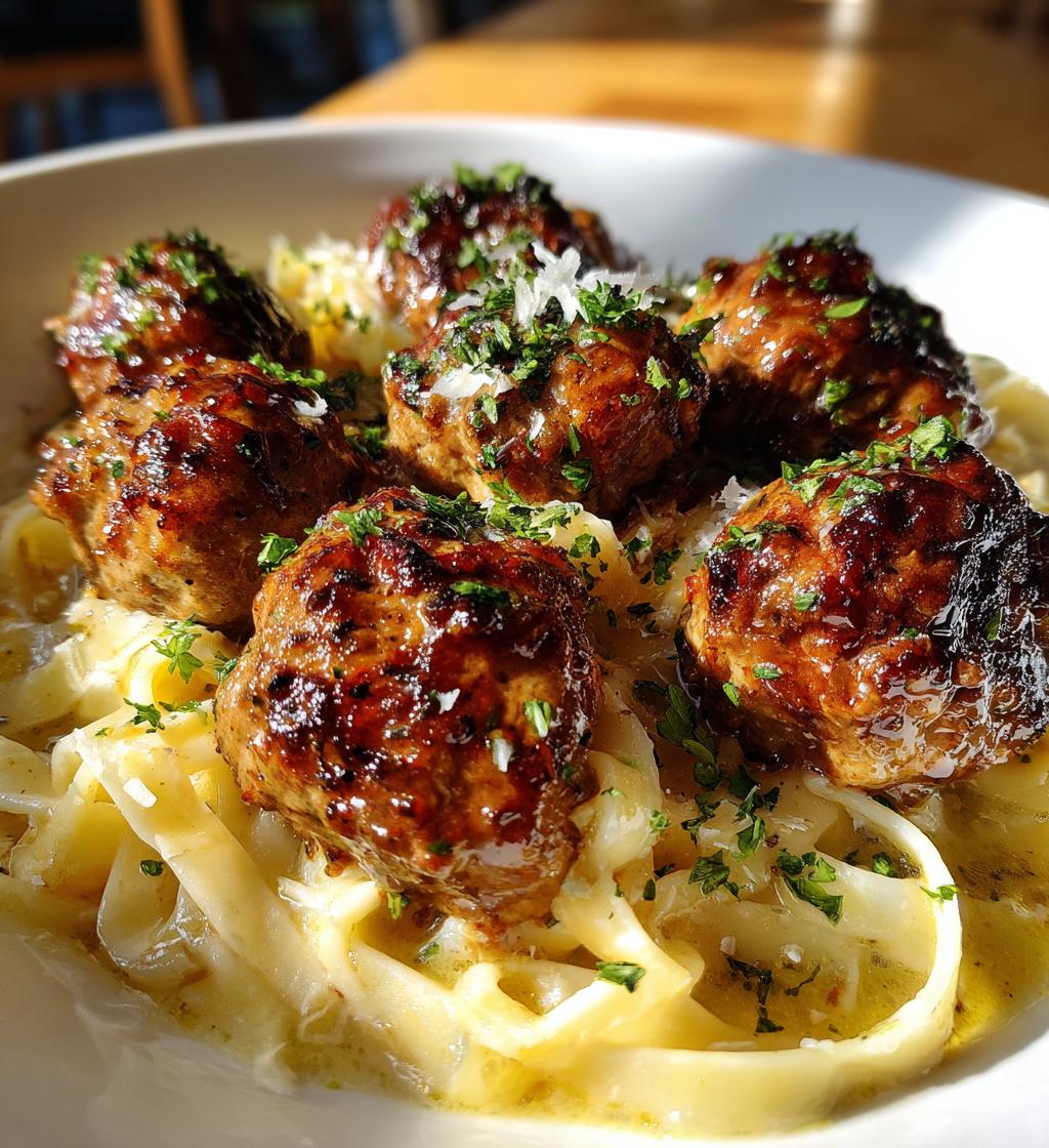 garlic butter meatballs served over creamy parmesan linguine
