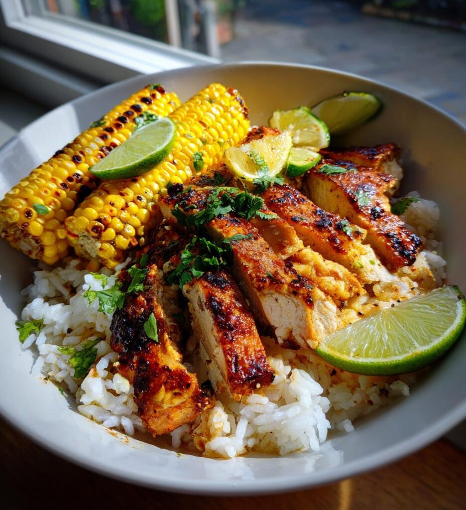 street corn chicken rice bowl